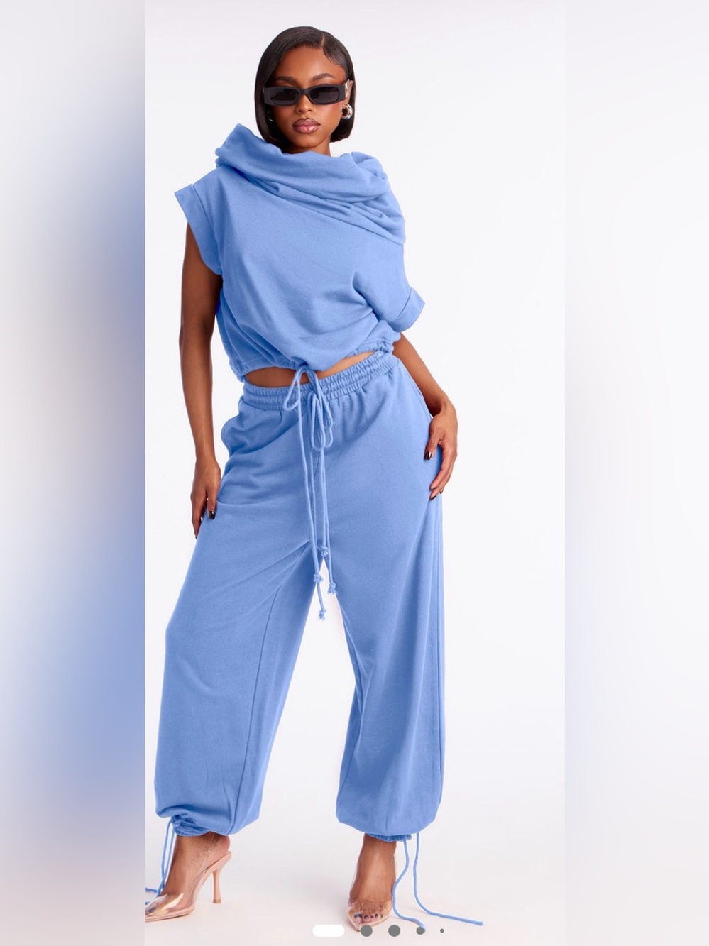 High-Waist Wide-Leg Drawstring Pant and Cow Neck Shirt in Periwinkle